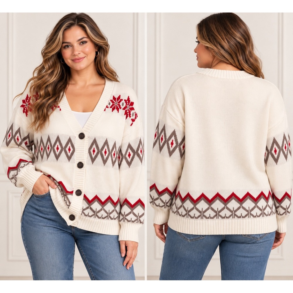 NWT LOFT Womens XL Ivory Fair Isle Cardigan Sweater 100% Cotton Nordic Ski Cozy